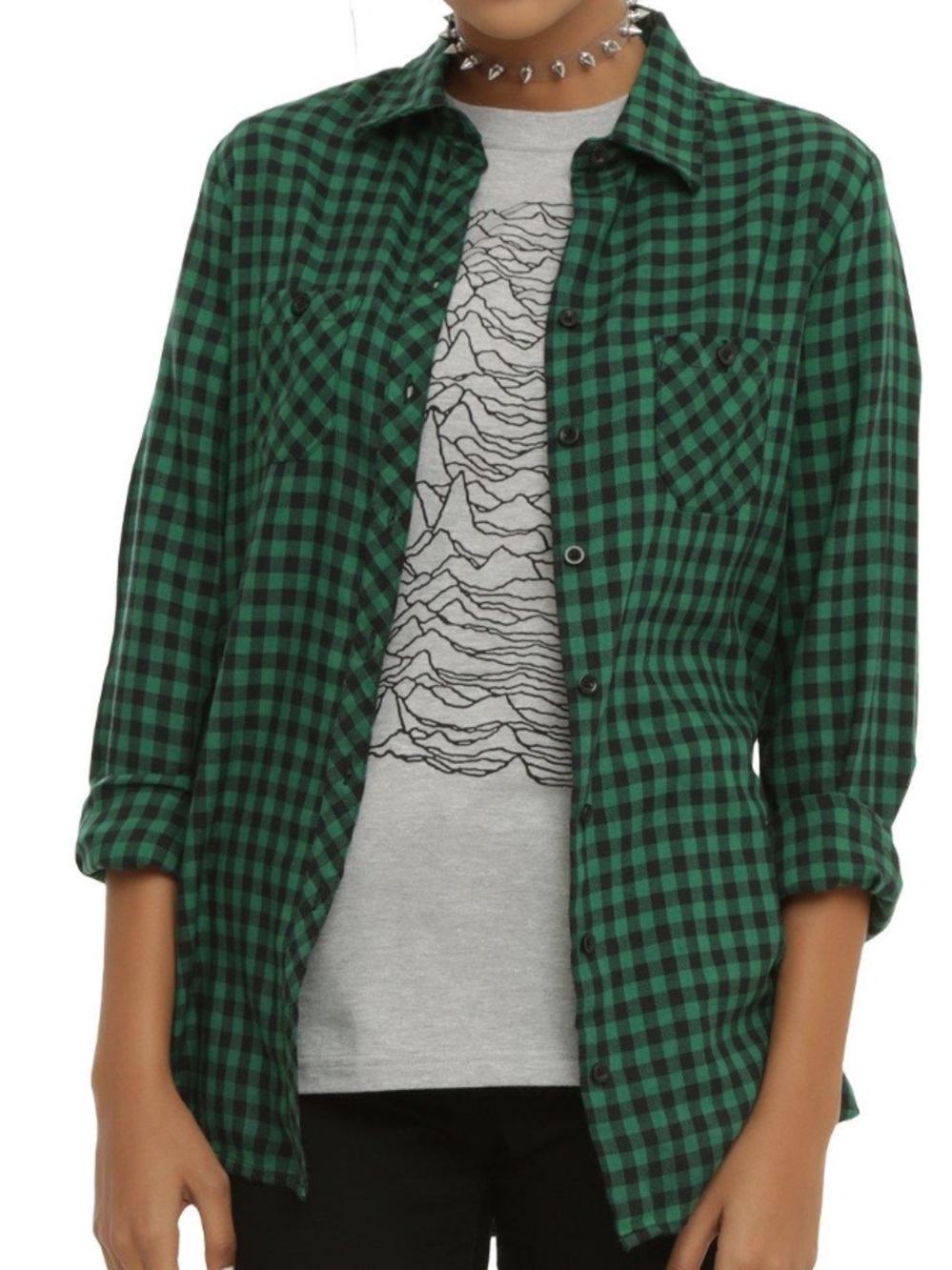 Hot topic green plaid long sleeve button down shirt top size S